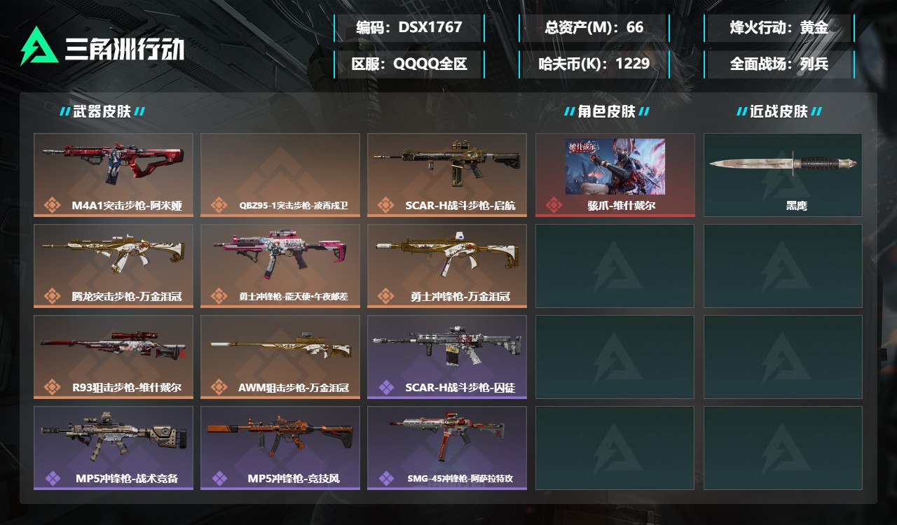 三角洲行动账号QQDSX1767三端互通-总价值66M-哈夫币1229k-烽火地带等级50-烽火地带【干员皮肤】骇爪-