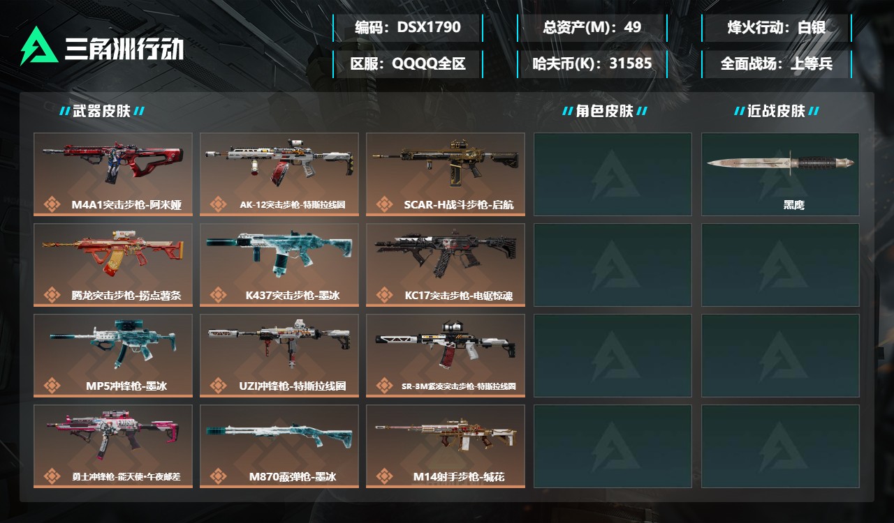 三角洲行动账号QQDSX1790三端互通-总价值49M-哈夫币31585k-烽火地带等级51-烽火地带【近战武器】黑鹰