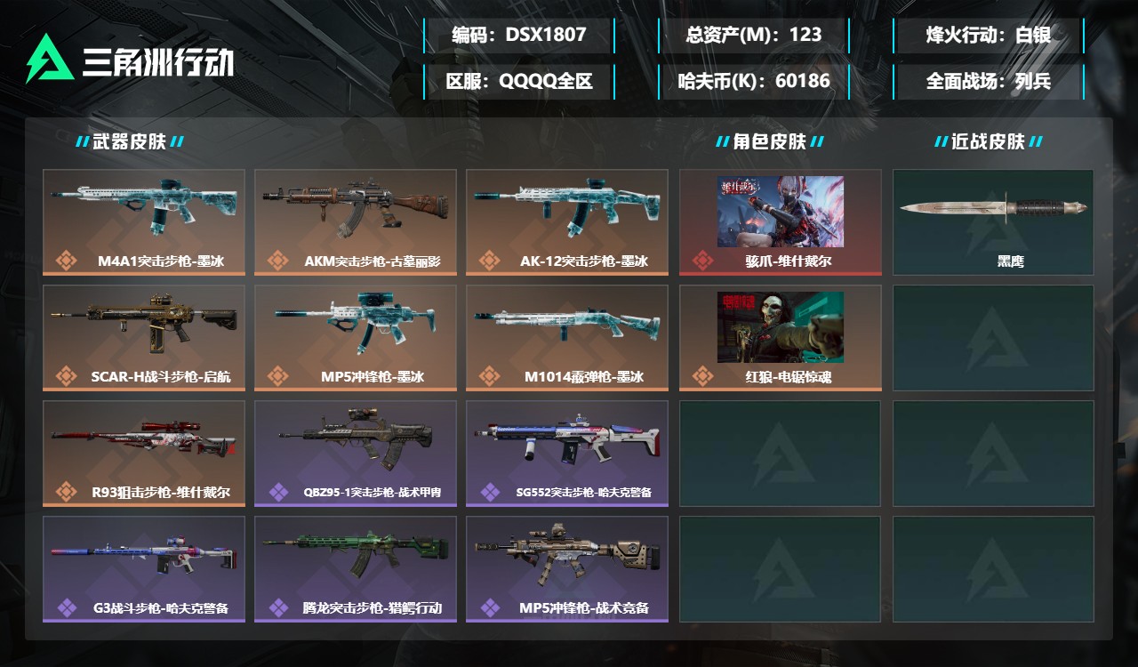三角洲行动账号QQDSX1807+三端互通-总价值123M-哈夫币60176k-烽火地带等级50-烽火地带【干员皮肤】