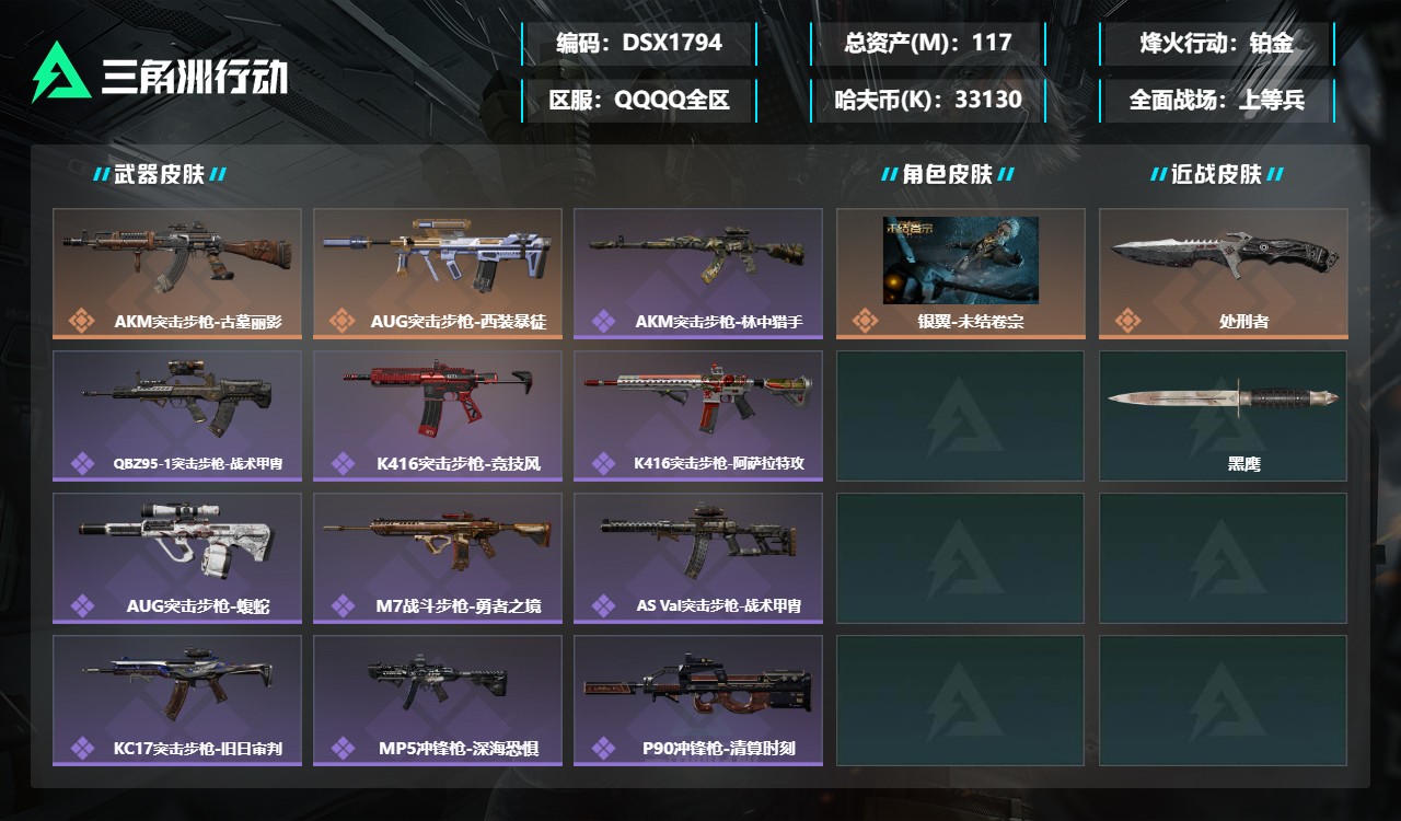 三角洲行动账号QQDSX1794+三端互通-总价值117M-哈夫币33130k-烽火地带等级60-烽火地带【干员皮肤】