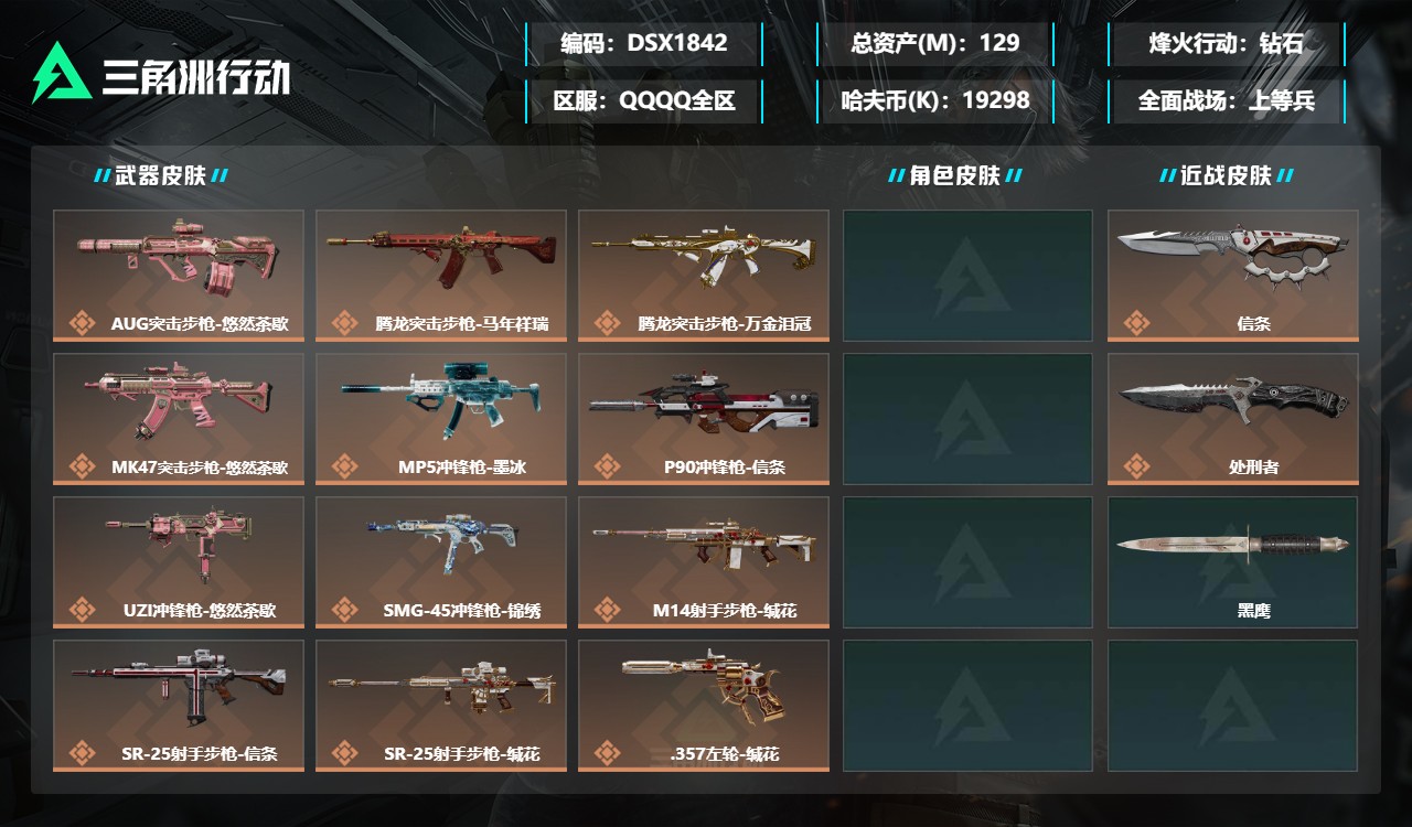 三角洲行动账号QQDSX1842三端互通-总价值129M-哈夫币19298k-烽火地带等级60-烽火地带【近战武器】黑