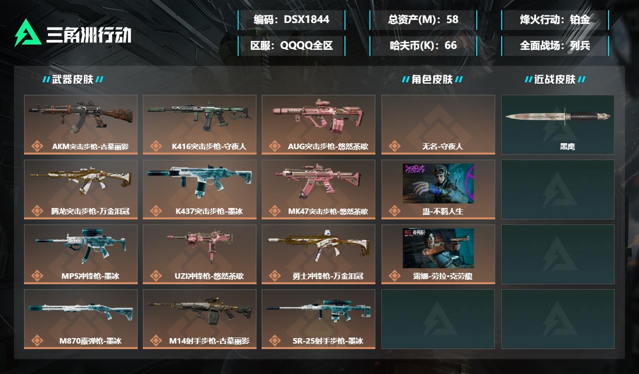 三角洲行动账号QQDSX1844三端互通-总价值58M-哈夫币663445-烽火地带等级60-烽火地带【干员皮肤】无名
