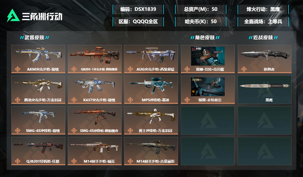 三角洲行动账号QQDSX1839三端互通-总价值50M-哈夫币501476-烽火地带等级60-烽火地带【干员皮肤】露娜