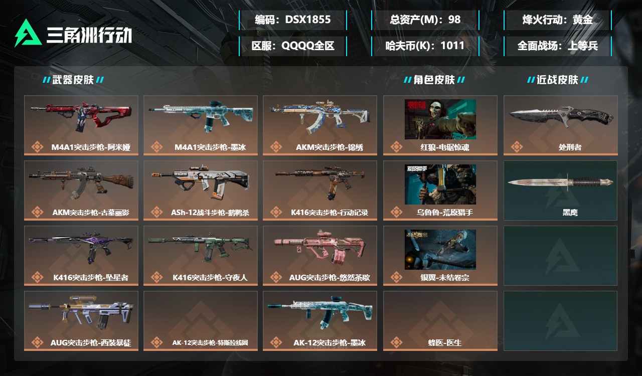三角洲行动账号QQDSX1855三端互通-总价值98M-哈夫币1011k-烽火地带等级60-烽火地带【干员皮肤】红狼-