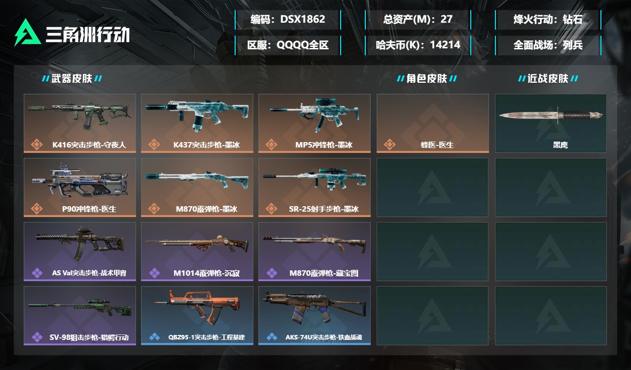 三角洲行动账号QQDSX1862三端互通-总价值27M-哈夫币14214k-烽火地带等级60-烽火地带【干员皮肤】蜂医