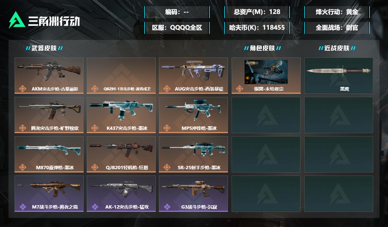 三角洲行动账号QQDSX1877+【总资产(M)】128.84【哈夫币】118455k【行动等级】40【烽火地带段位】