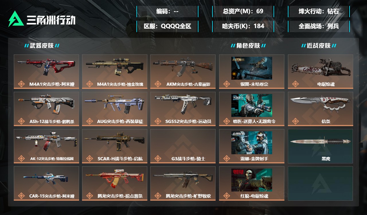 三角洲行动账号QQDSX1865【6干员 2刀电锯 信条】【总资产(M)】69.69【哈夫币】184k【行动等级】60
