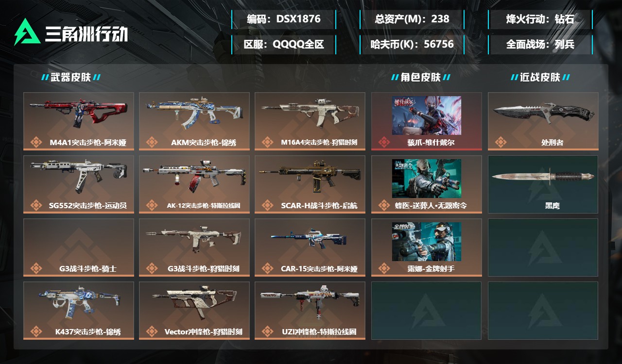 三角洲行动账号QQDSX1876【可二次 红皮骇爪-维什戴尔 资产238M 】三端互通-总价值238M-哈夫币5675