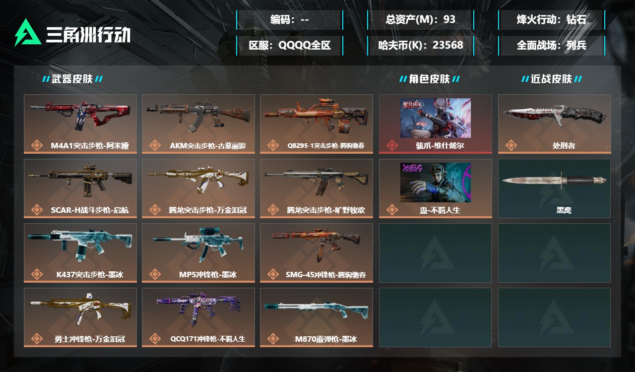 三角洲行动账号QQDSX1902【总资产(M)】93.36【哈夫币】23568k【行动等级】60【烽火地带段位】钻石【