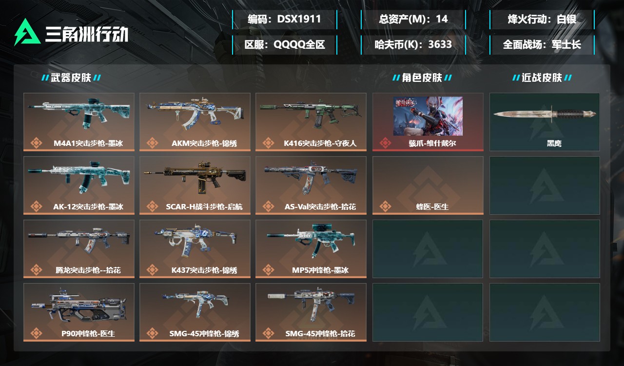 三角洲行动账号QQDSX1911三端互通-总价值14M-哈夫币3633k-烽火地带等级37-烽火地带【干员皮肤】骇爪-