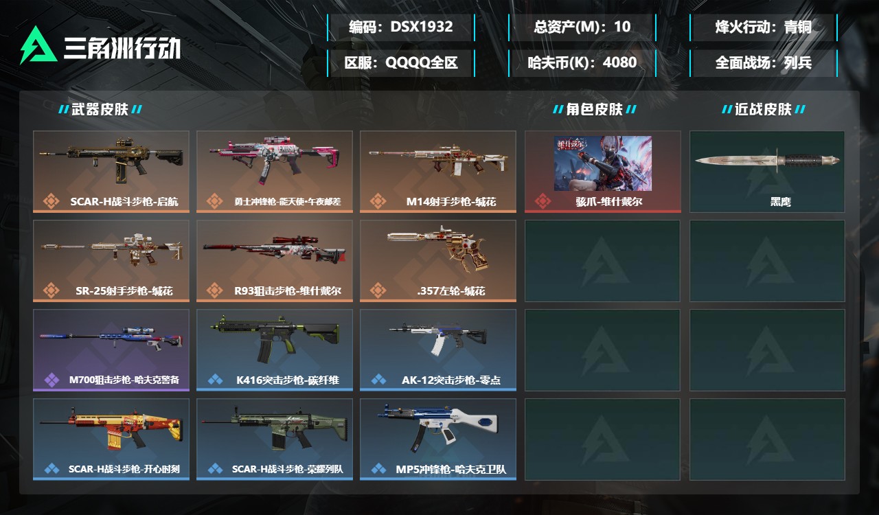 三角洲行动账号QQDSX1932三端互通-总价值10M-哈夫币4080k-烽火地带等级9-烽火地带【干员皮肤】骇爪-维